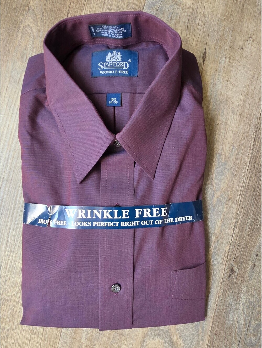 Stafford Wrinkle-Free Broadcloth Dress Shirt - Burgundy, Size 16/34-35